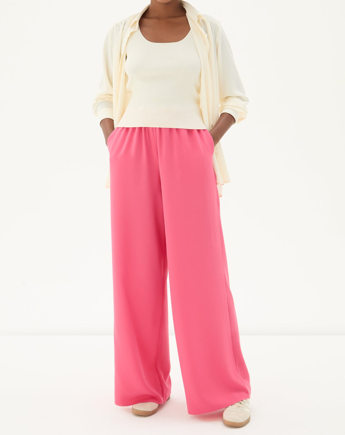 Calça Wide Leg Cós Elástico com Pregas - Coral