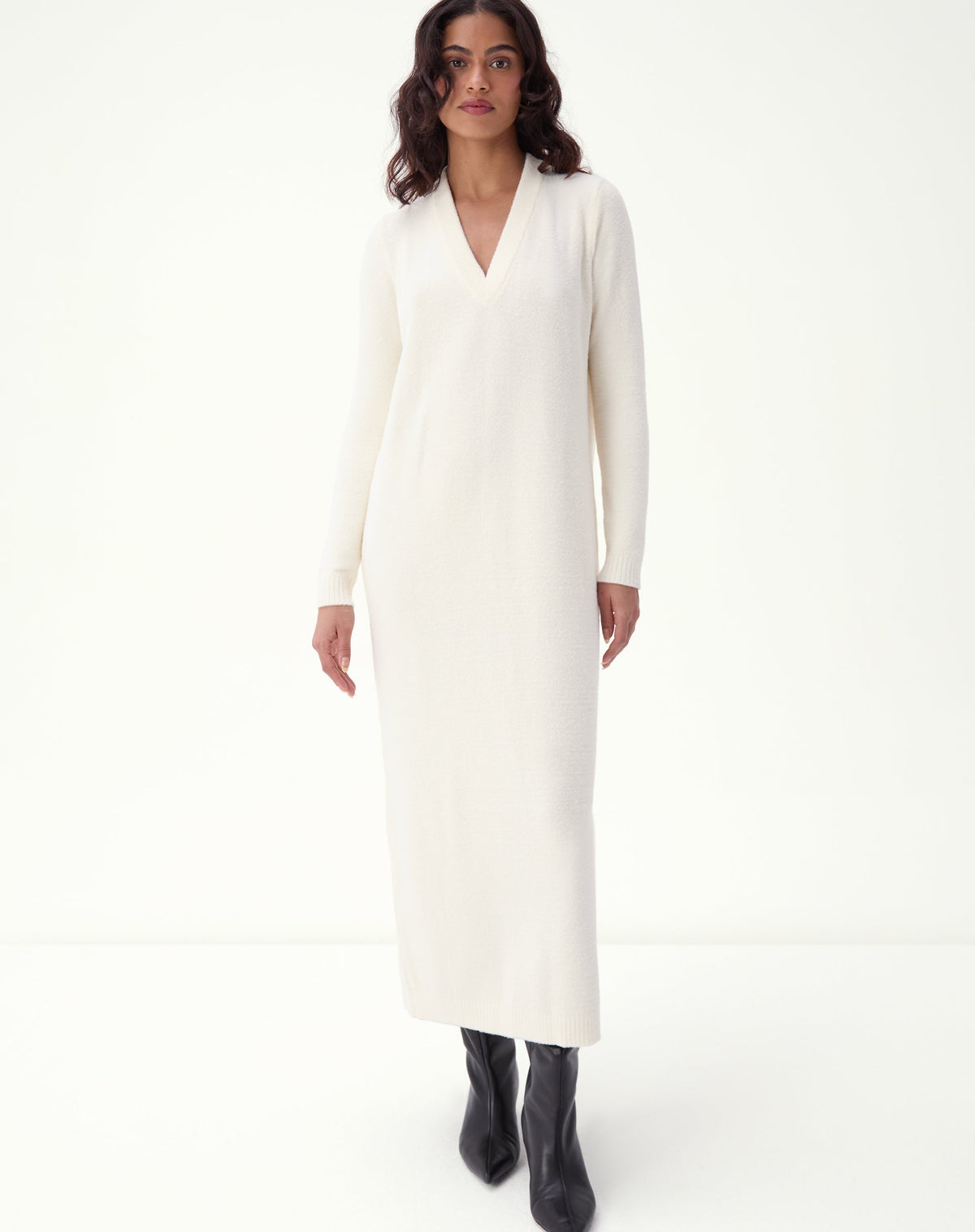 VESTIDO MÍDI TRICOT MANGA LONGA - OFF-WHITE