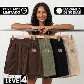 [Leve 4, Pague Só 2!] Short Amélia Feminino em Veludo Cotelê e Algodão de Cintura Alta com Cós Elástico Confortável