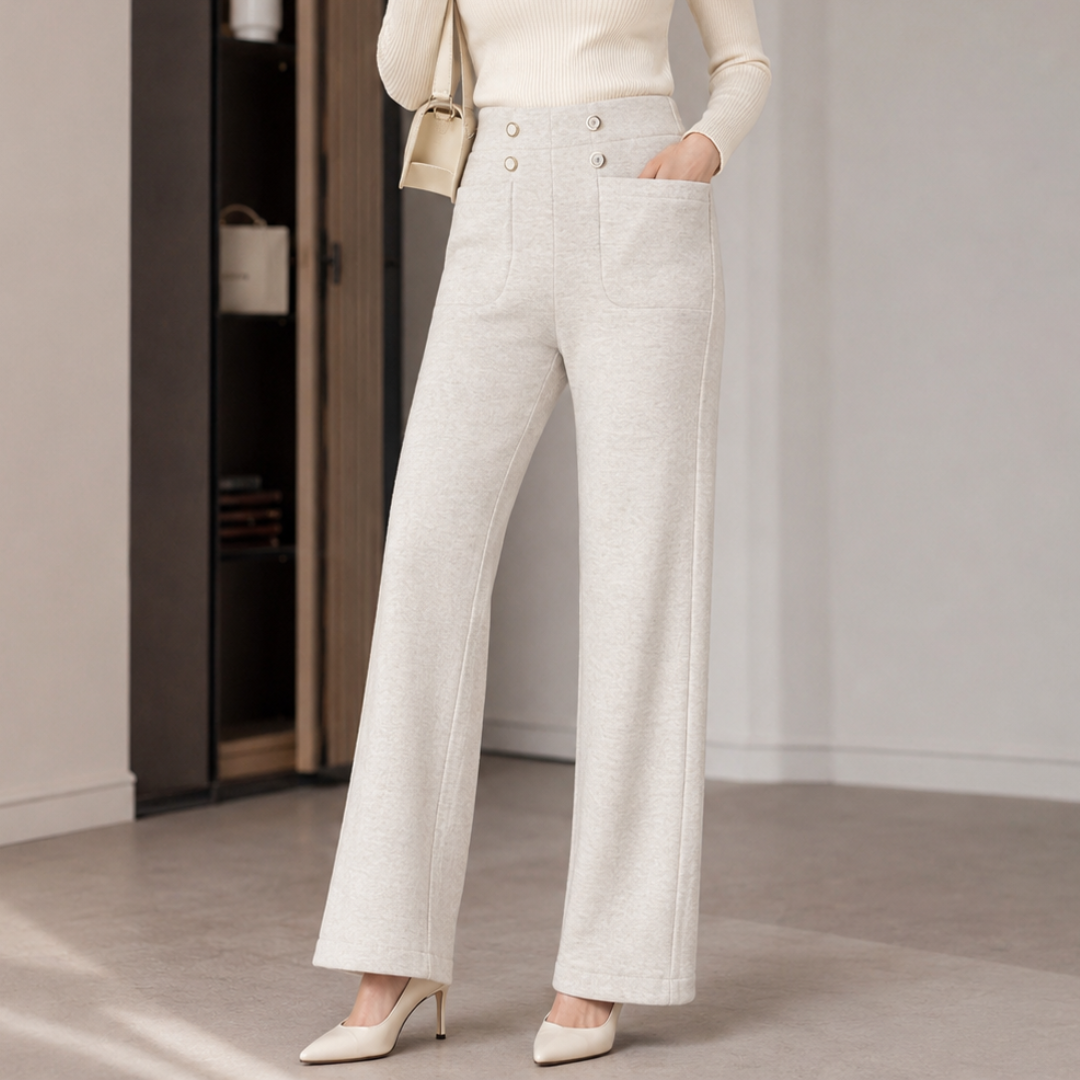 [Compre 2 e Leve 4!] Calça Lorena Feminina em Malha Encorpada de Algodão, Poliéster e Viscose de Cintura Alta + BRINDES: Bolsa e Cinto