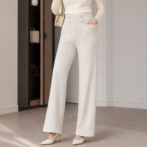 [Compre 2 e Leve 4!] Calça Lorena Feminina em Malha Encorpada de Algodão, Poliéster e Viscose de Cintura Alta + BRINDES: Bolsa e Cinto