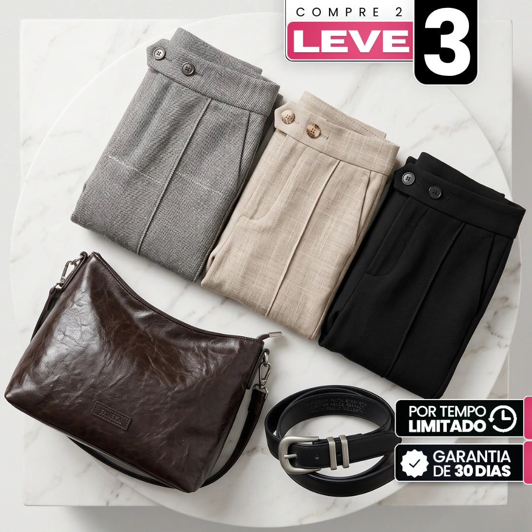 [Compre 2, Leve 3] Calça Mila Feminina em Poliéster, Viscose e Elastano de Cintura Alta com Botões Duplos + BRINDES