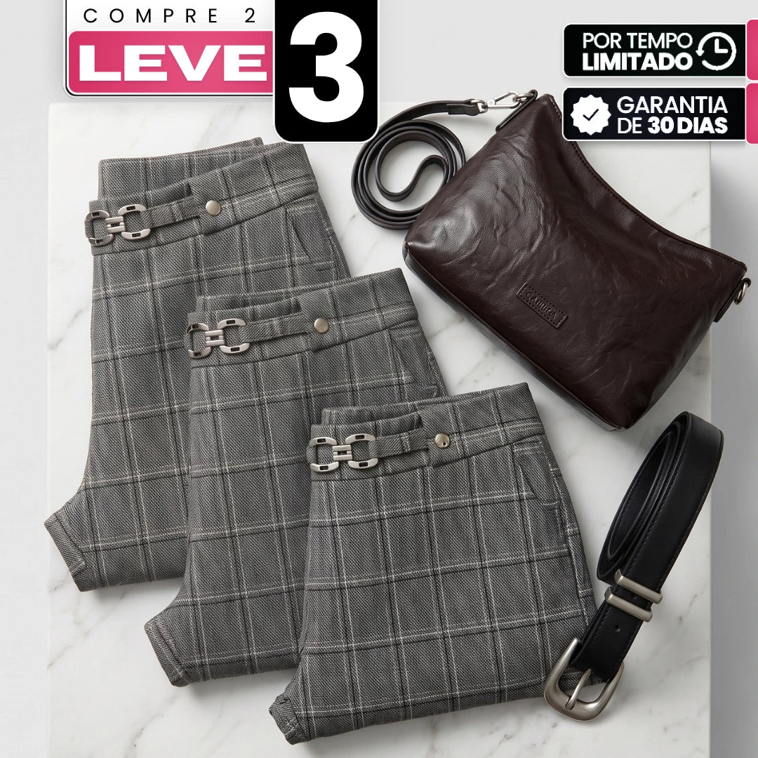 [Leve 3, Pague Só 2] Calça Aveli Feminina em Poliéster, Viscose e Elastano de Cintura Alta com Fivela Metálica + BRINDES: Bolsa e Cinto