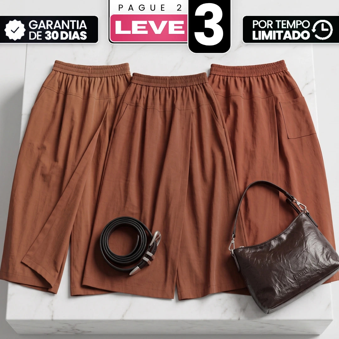 [Compre 2 e Leve 3] Saia-Calça Elori Feminina em Poliéster, Viscose e Elastano Pantacourt de Cintura Alta com Sobreposição Frontal e Cós Elástico + BRINDES