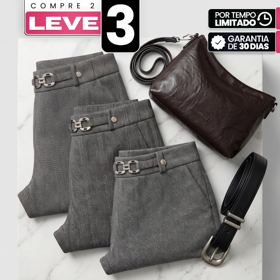 [Leve 3, Pague Só 2] Calça Aveli Feminina em Poliéster, Viscose e Elastano de Cintura Alta com Fivela Metálica + BRINDES: Bolsa e Cinto