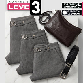 [Leve 3, Pague Só 2] Calça Aveli Feminina em Poliéster, Viscose e Elastano de Cintura Alta com Fivela Metálica + BRINDES: Bolsa e Cinto