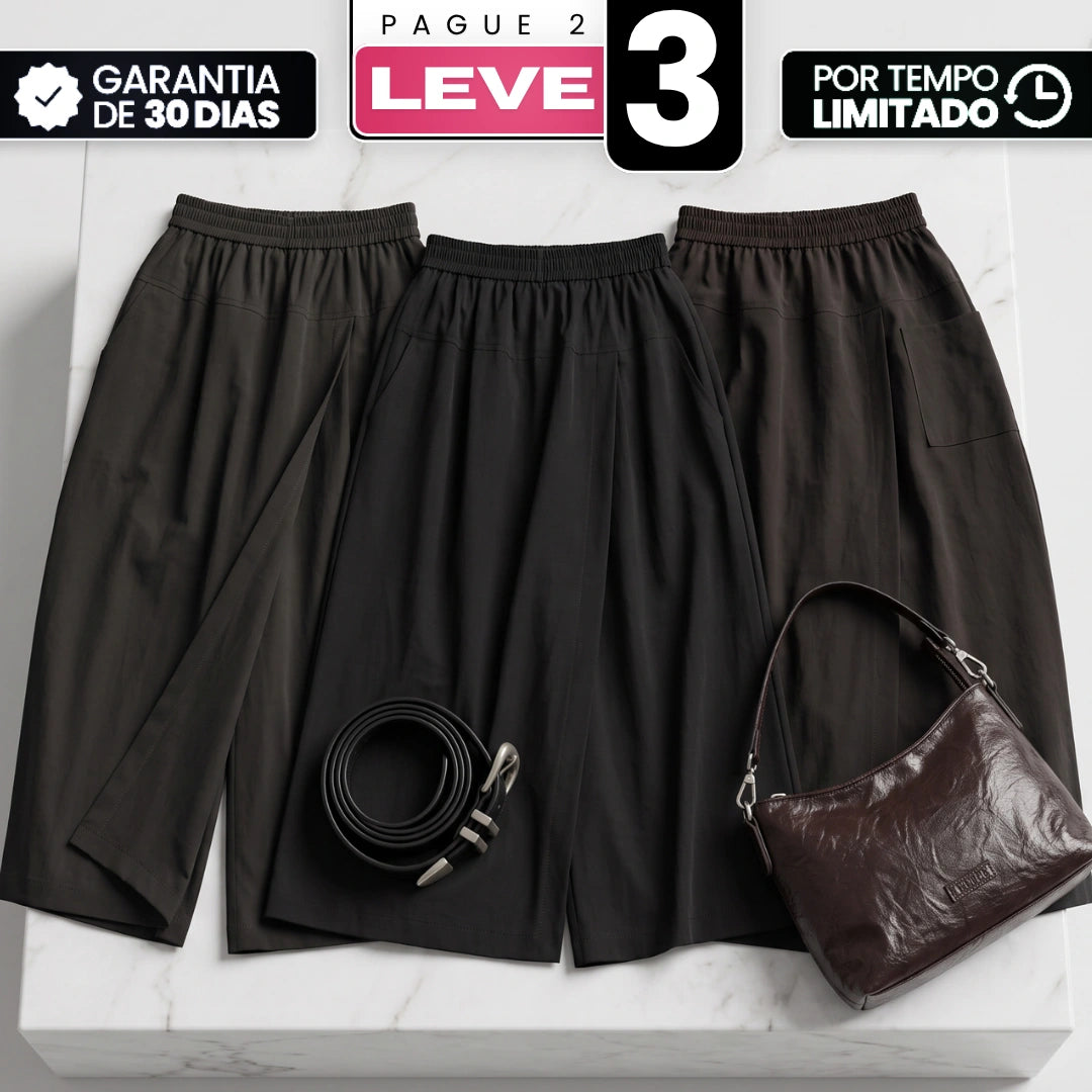 [Compre 2 e Leve 3] Saia-Calça Elori Feminina em Poliéster, Viscose e Elastano Pantacourt de Cintura Alta com Sobreposição Frontal e Cós Elástico + BRINDES