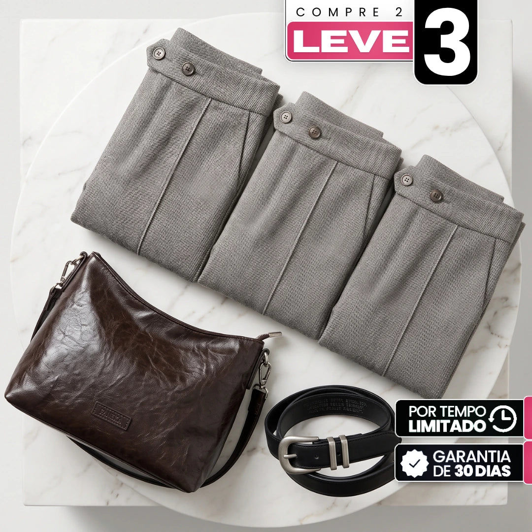 [Compre 2, Leve 3] Calça Mila Feminina em Poliéster, Viscose e Elastano de Cintura Alta com Botões Duplos + BRINDES