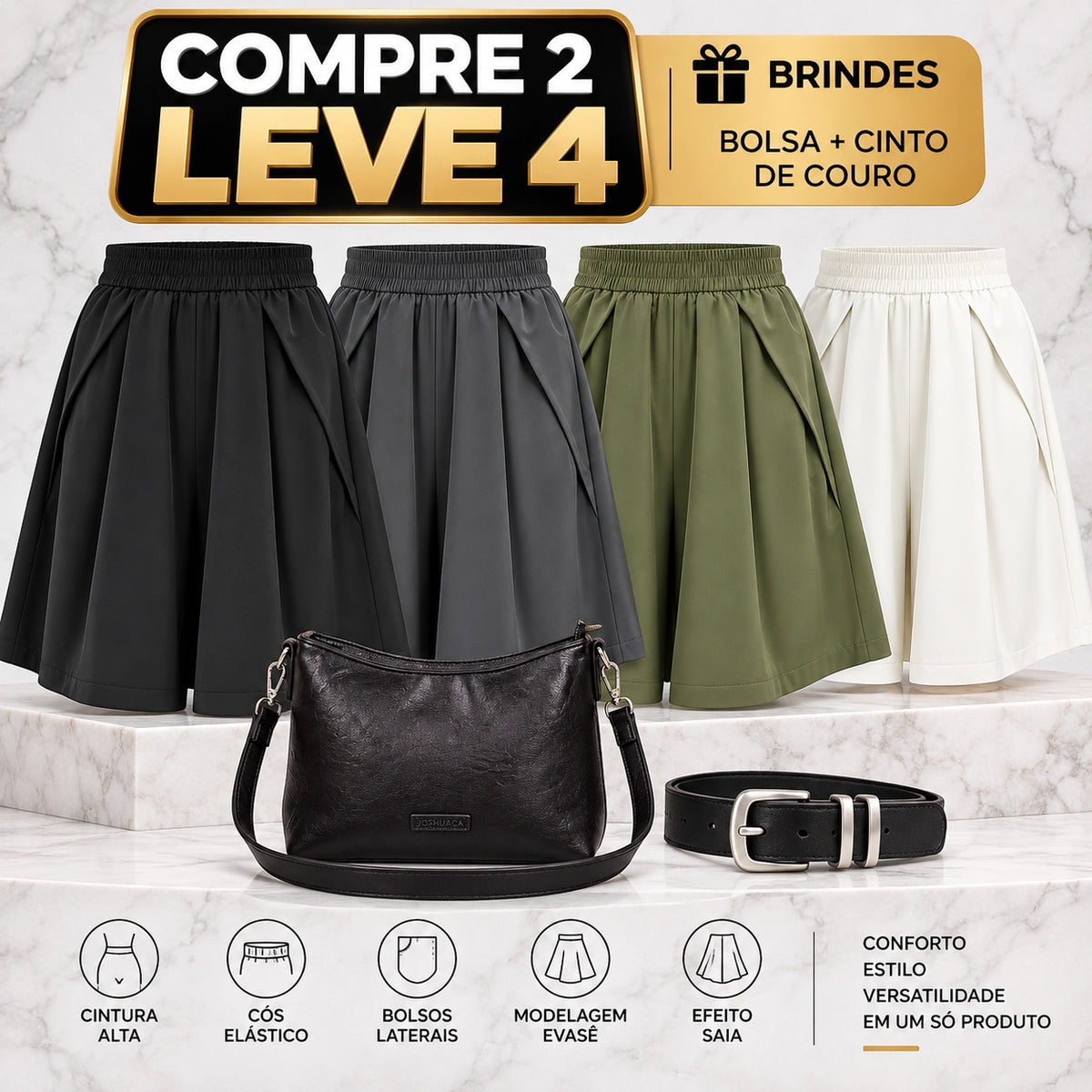 [Compre 2, Leve 4] Bermuda Elina Feminina em Poliéster, Viscose e Elastano de Cintura Alta com Modelagem Evasê, Efeito Saia, Cós Elástico e Bolsos Laterais + BRINDES