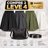 [Compre 2, Leve 4] Bermuda Elina Feminina em Poliéster, Viscose e Elastano de Cintura Alta com Modelagem Evasê, Efeito Saia, Cós Elástico e Bolsos Laterais + BRINDES