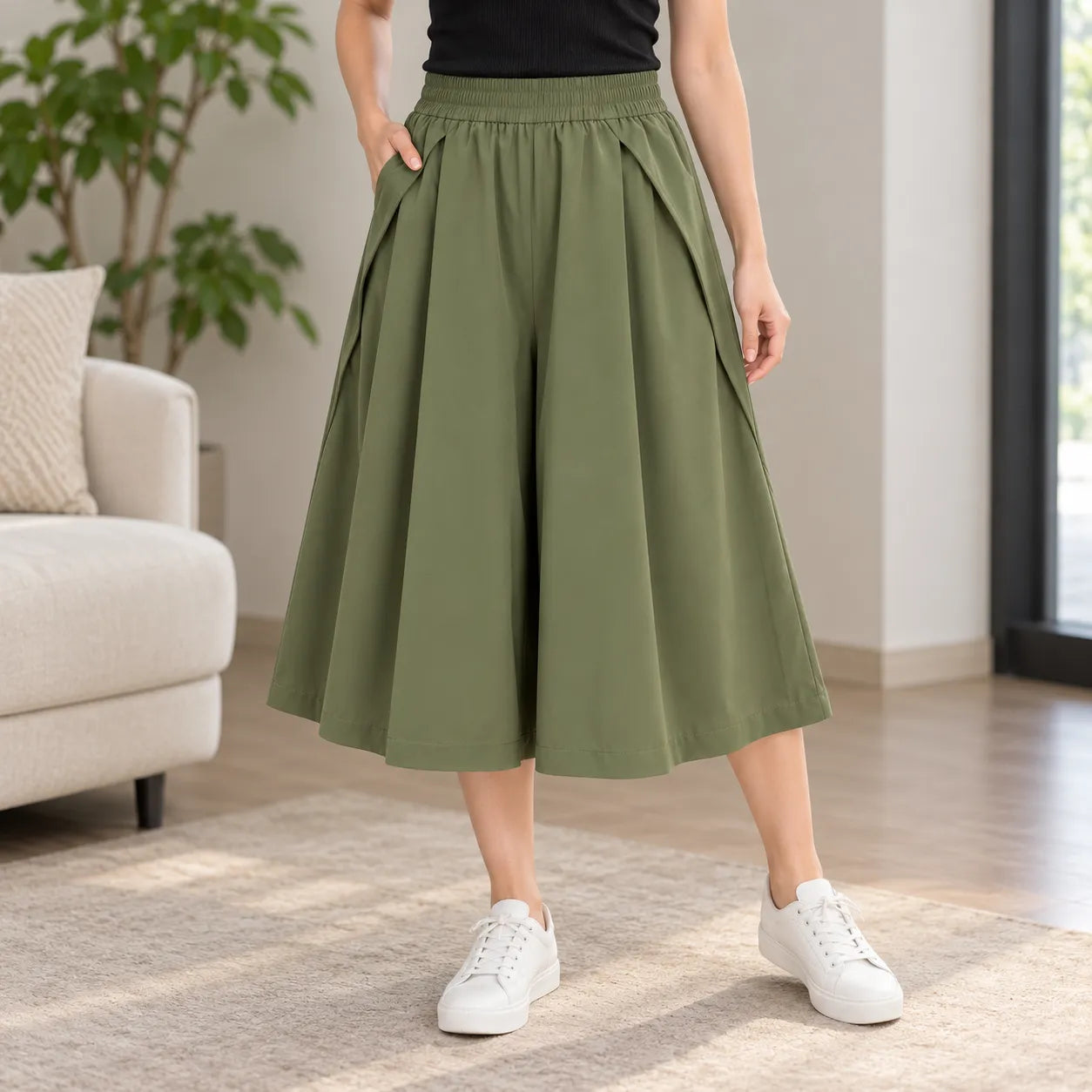 [Compre 2, Leve 4] Bermuda Elina Feminina em Poliéster, Viscose e Elastano de Cintura Alta com Modelagem Evasê, Efeito Saia, Cós Elástico e Bolsos Laterais + BRINDES