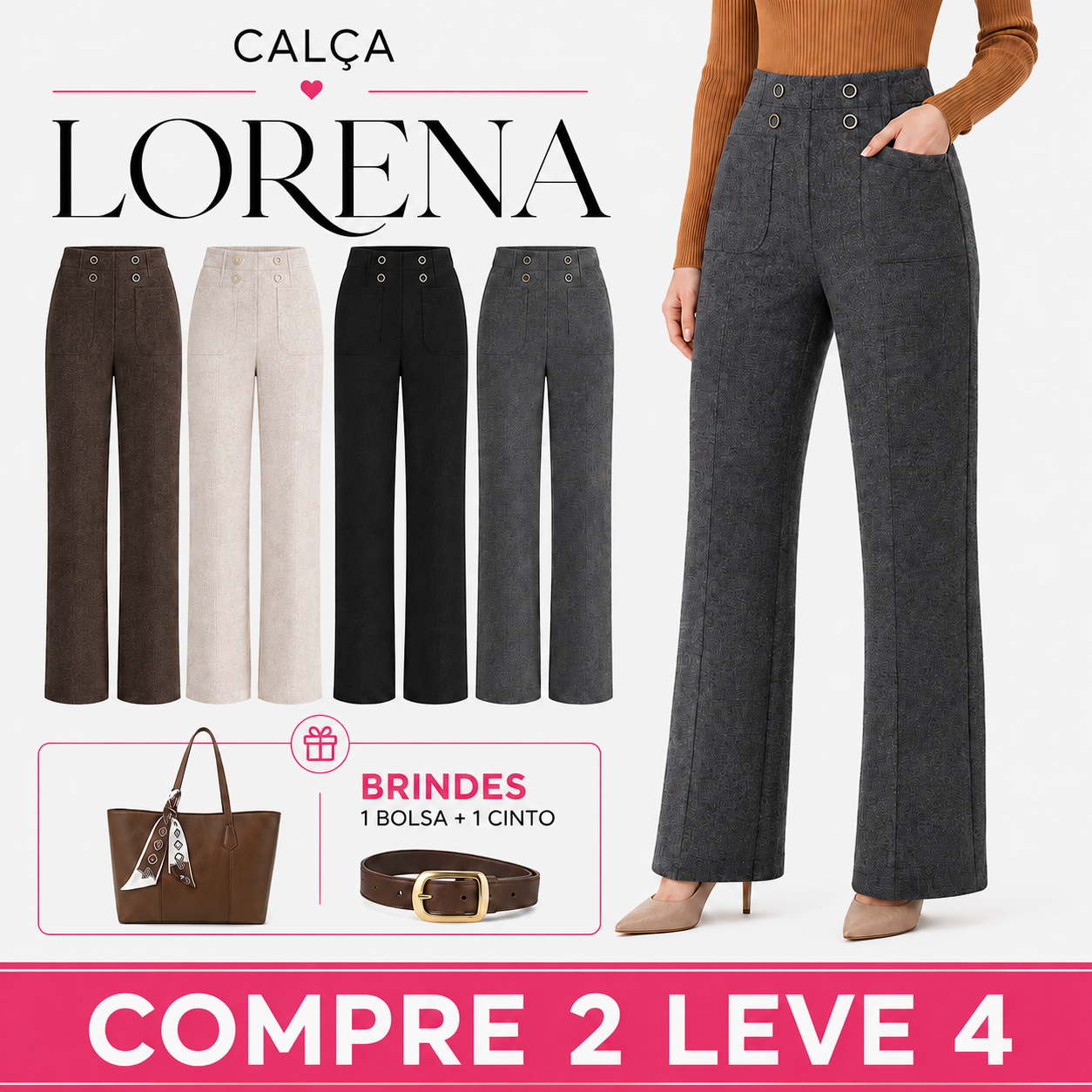 [Compre 2 e Leve 4!] Calça Lorena Feminina em Malha Encorpada de Algodão, Poliéster e Viscose de Cintura Alta + BRINDES: Bolsa e Cinto
