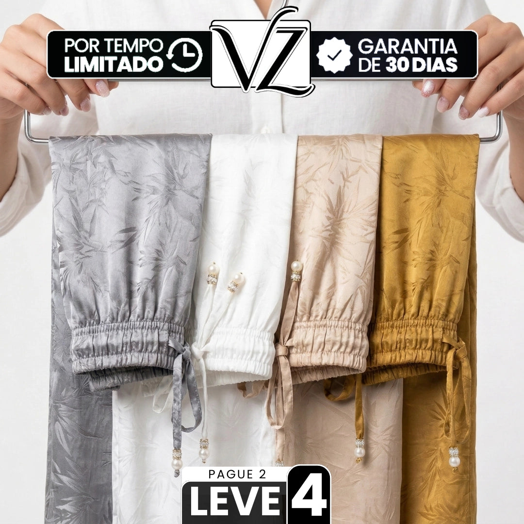 [Leve 4, Pague Só 2!] Calça Lumira Feminina em Tecido Acetinado e Jacquard de Cintura Alta com Cordão de Ajuste em Pérolas