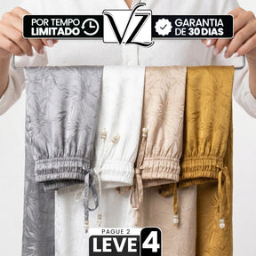 [Leve 4, Pague Só 2!] Calça Lumira Feminina em Tecido Acetinado e Jacquard de Cintura Alta com Cordão de Ajuste em Pérolas