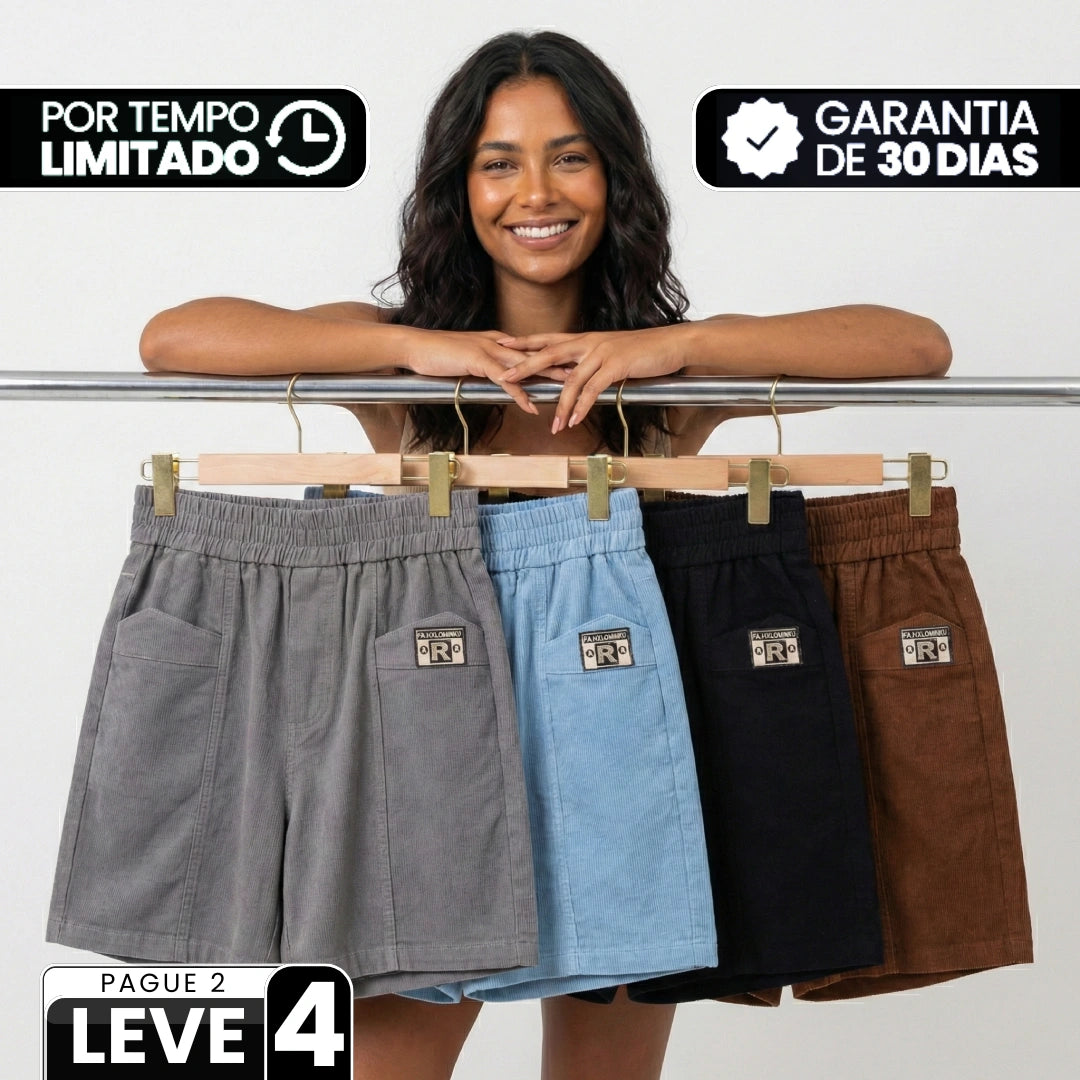 [Leve 4, Pague Só 2!] Short Amélia Feminino em Veludo Cotelê e Algodão de Cintura Alta com Cós Elástico Confortável