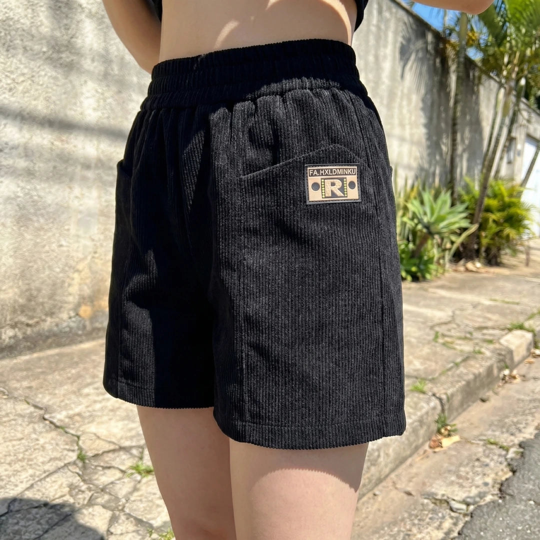 [Leve 4, Pague Só 2!] Short Amélia Feminino em Veludo Cotelê e Algodão de Cintura Alta com Cós Elástico Confortável