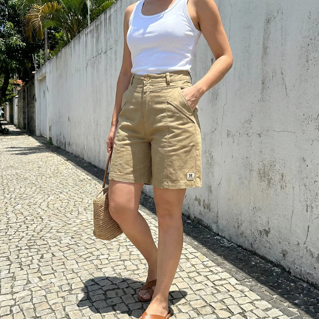 [Leve 5, Pague 3] Bermuda Viena Feminina em Linho e Algodão de Cintura Alta com Nervuras Frontais