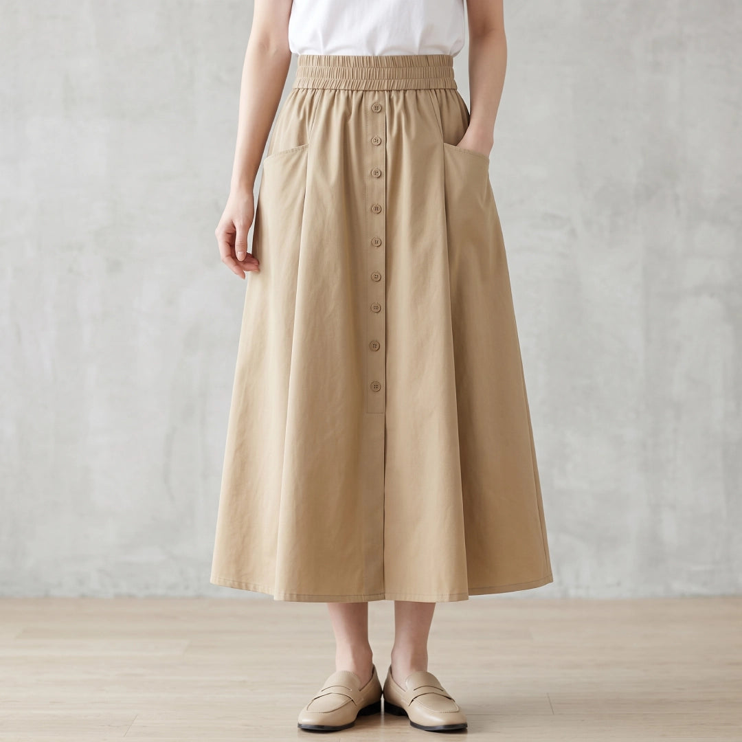 [Compre 2, Leve 4] Saia Dália Feminina em Algodão, Poliéster, Viscose de Cintura Alta com Botões Frontais e Bolsos + BRINDES: Bolsa e Cinto de Couro