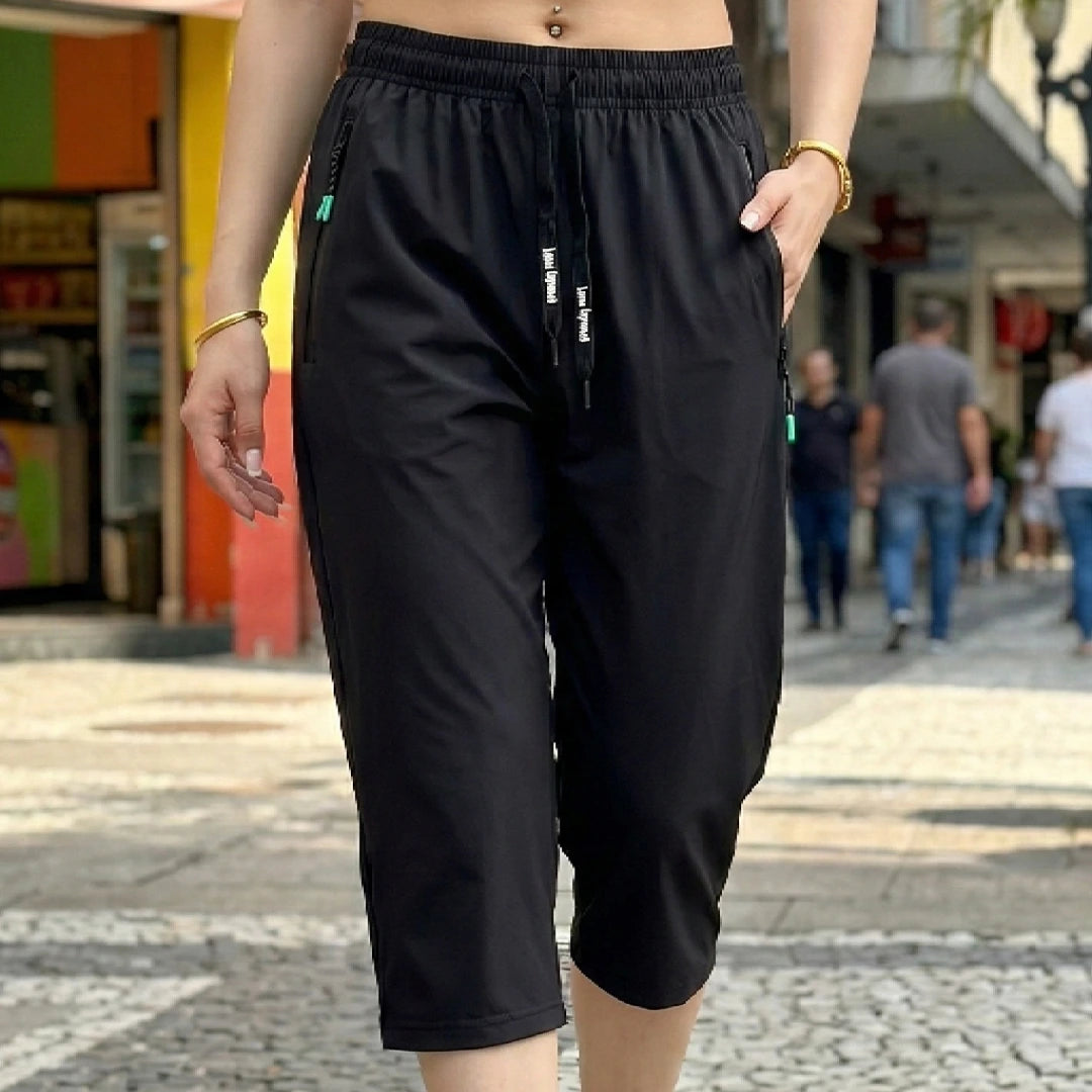 [Leve 3, Pague Só 2!] Calça Capri Viena Feminina em Poliéster e Elastano de Cintura Alta Elegante com Zíperes Esportivos