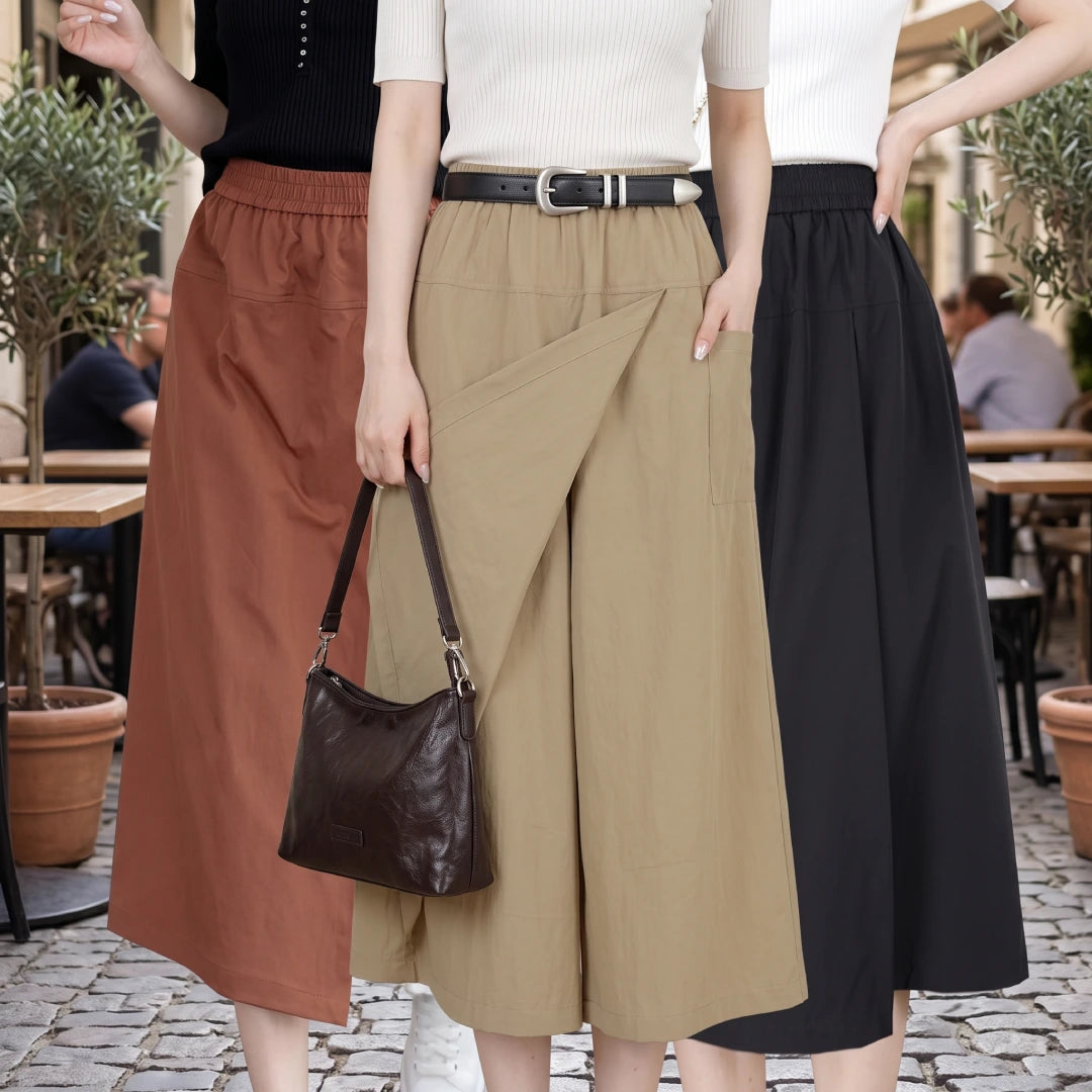 [Compre 2 e Leve 3] Saia-Calça Elori Feminina em Poliéster, Viscose e Elastano Pantacourt de Cintura Alta com Sobreposição Frontal e Cós Elástico + BRINDES