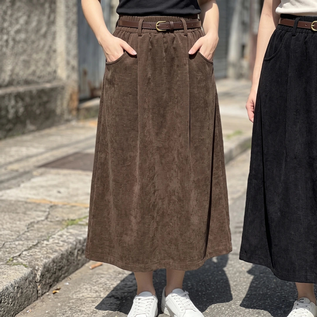 [Compre 2 e Leve 3] Saia Mirea Feminina em Veludo Cotelê de Algodão, Poliéster e Elastano de Cintura Elástica com Bolsos Curvos + BRINDES