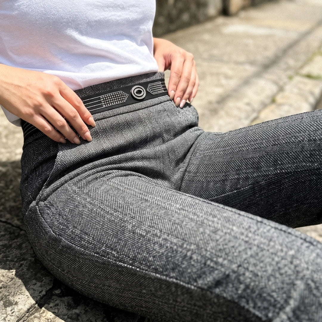 [Pague 2, Leve 3] Calça Elara Feminina em Malha Estruturada, Trama Jacquard e Pedrarias Brilhantes de Cintura Alta Modeladora com Cós Geométrico Decorativo