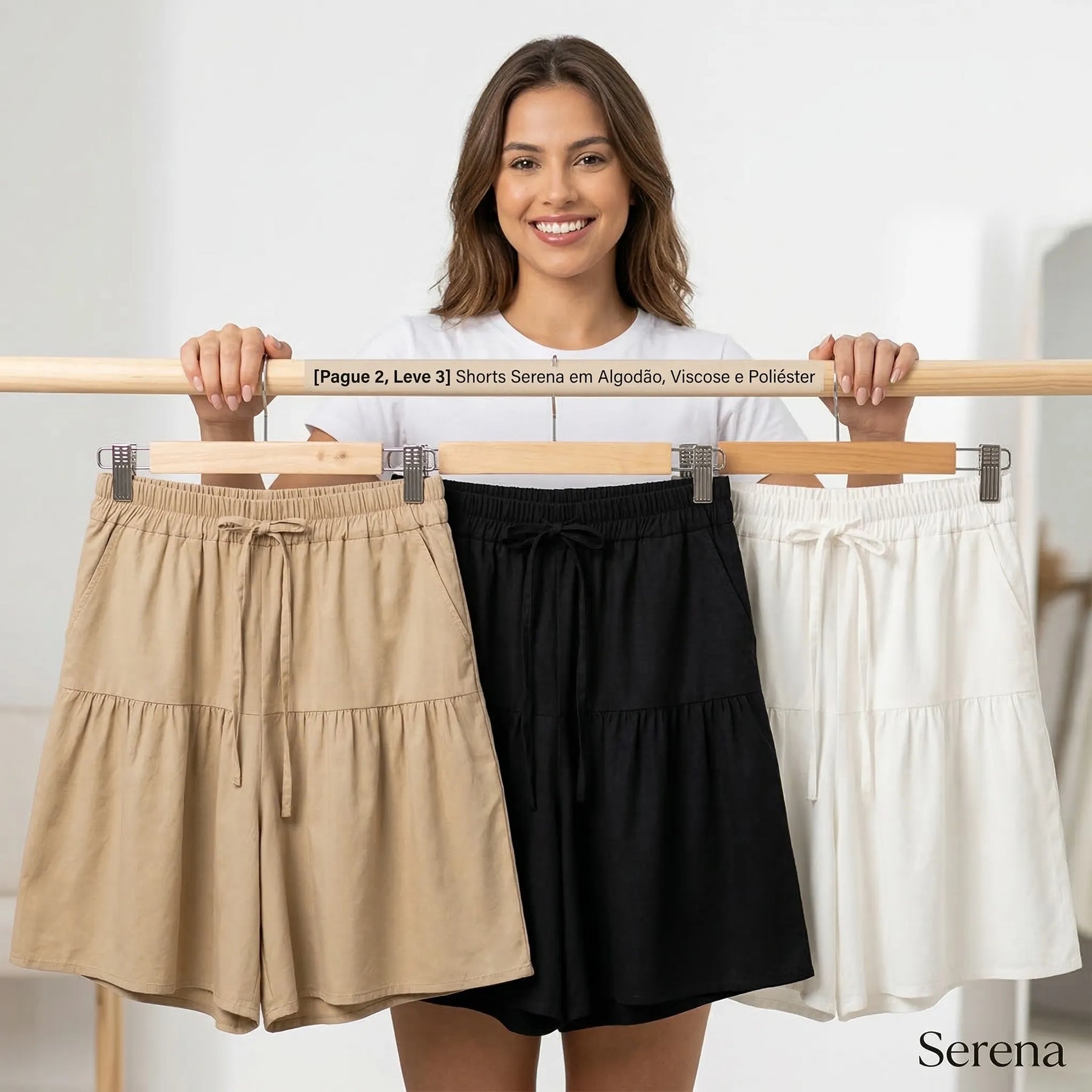 [Leve 3, Pague Só 2!] Shorts Serena Feminino em Aparência de Algodão e Poliéster de Cintura Alta com Design em Camadas e Cordão de Ajuste