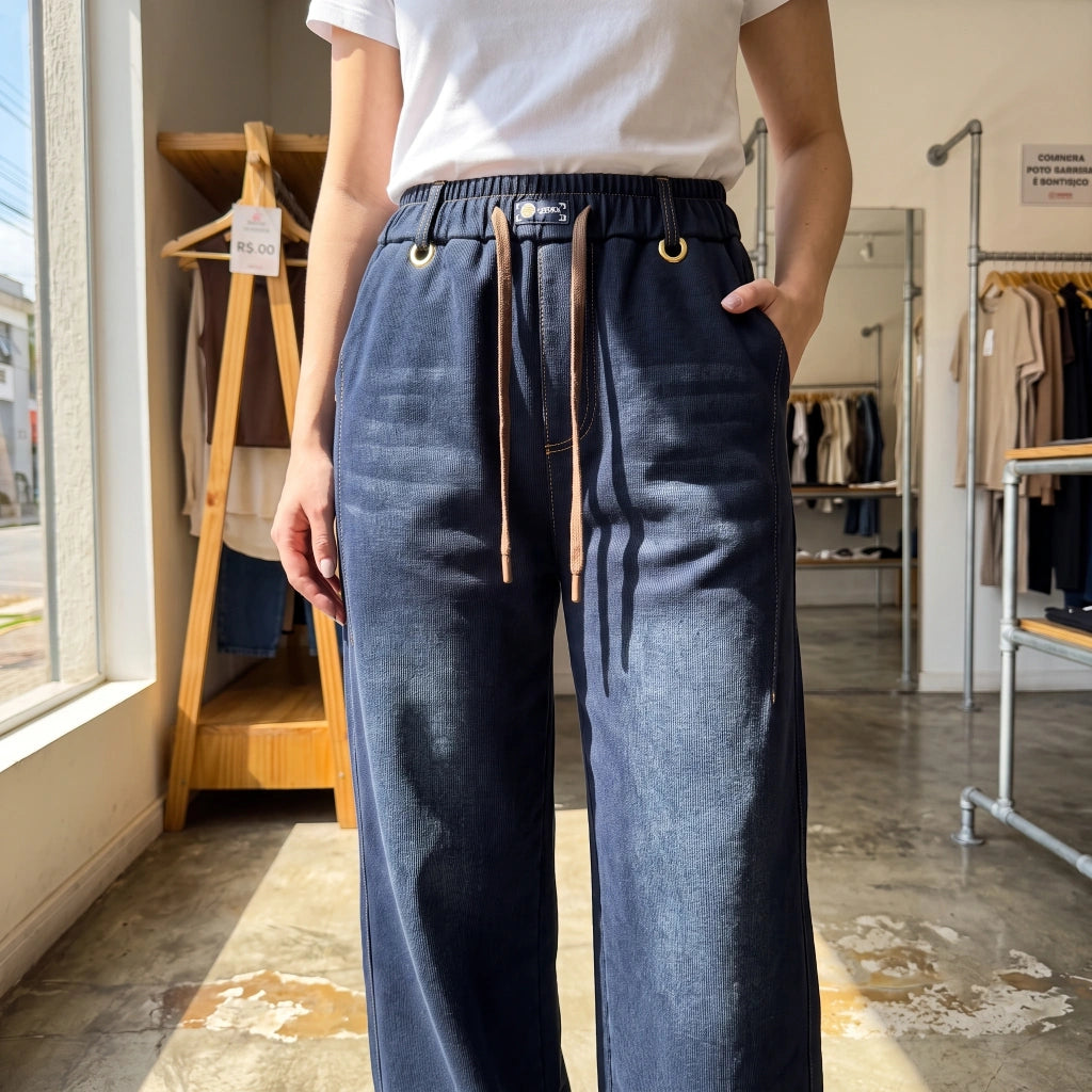 [Pague 2, Leve 3] Calça Ayla Feminina em Algodão, Malha Canelada e Forro Peluciado de Cintura Alta com Cordão de Ajuste e Costuras Contrastantes