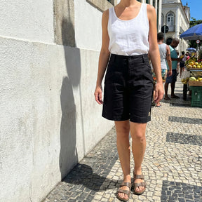 [Leve 5, Pague 3] Bermuda Viena Feminina em Linho e Algodão de Cintura Alta com Nervuras Frontais