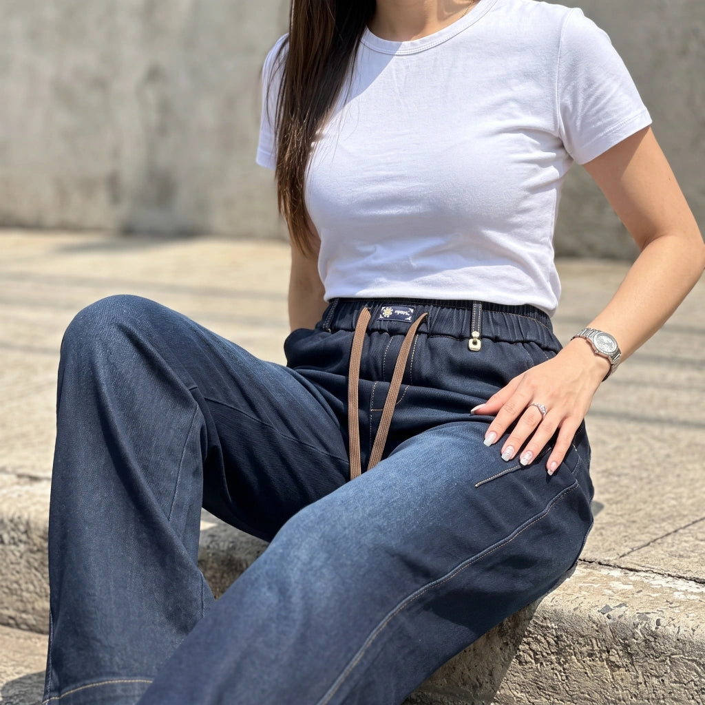 [Pague 2, Leve 3] Calça Ayla Feminina em Algodão, Malha Canelada e Forro Peluciado de Cintura Alta com Cordão de Ajuste e Costuras Contrastantes