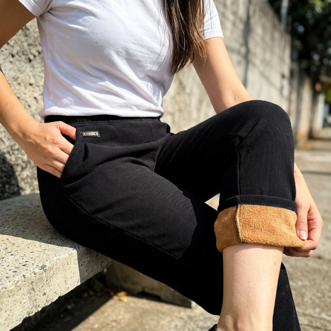 [Compre 2, Leve 3] Calça Malena Feminina em Tecido Canelado e Forro Peluciado de Caimento Sofisticado com Cós Elástico e Bolsos Práticos