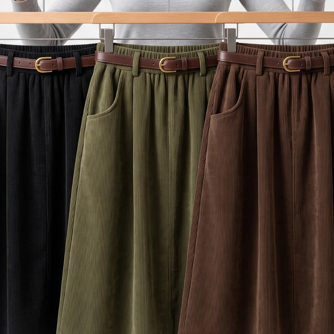 [Compre 2 e Leve 3] Saia Mirea Feminina em Veludo Cotelê de Algodão, Poliéster e Elastano de Cintura Elástica com Bolsos Curvos + BRINDES