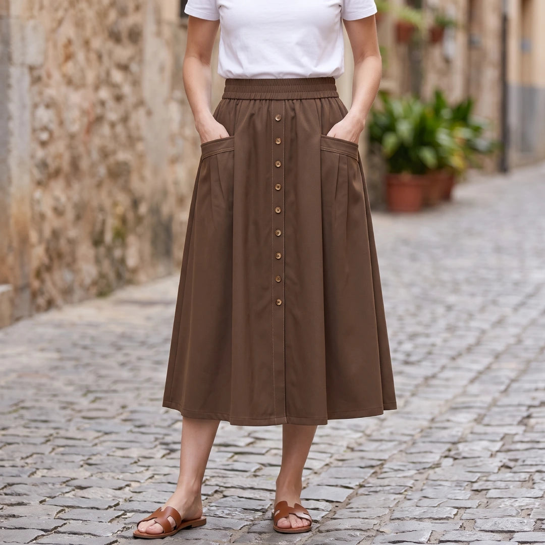 [Compre 2, Leve 4] Saia Dália Feminina em Algodão, Poliéster, Viscose de Cintura Alta com Botões Frontais e Bolsos + BRINDES: Bolsa e Cinto de Couro