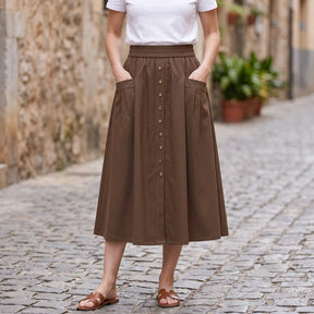 [Compre 2, Leve 4] Saia Dália Feminina em Algodão, Poliéster, Viscose de Cintura Alta com Botões Frontais e Bolsos + BRINDES: Bolsa e Cinto de Couro