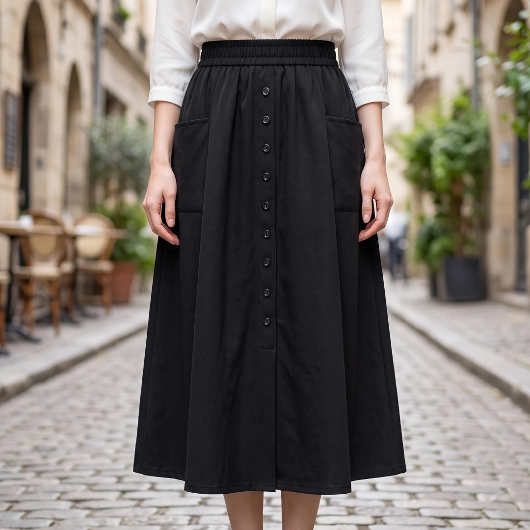 [Compre 2, Leve 4] Saia Dália Feminina em Algodão, Poliéster, Viscose de Cintura Alta com Botões Frontais e Bolsos + BRINDES: Bolsa e Cinto de Couro