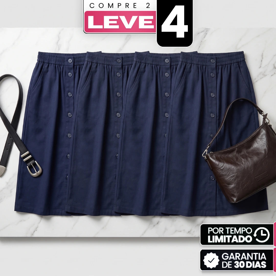 [Compre 2, Leve 4] Saia Dália Feminina em Algodão, Poliéster, Viscose de Cintura Alta com Botões Frontais e Bolsos + BRINDES: Bolsa e Cinto de Couro