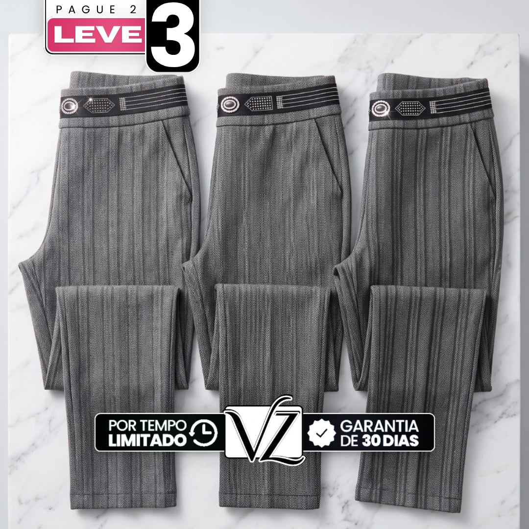 [Pague 2, Leve 3] Calça Elara Feminina em Malha Estruturada, Trama Jacquard e Pedrarias Brilhantes de Cintura Alta Modeladora com Cós Geométrico Decorativo