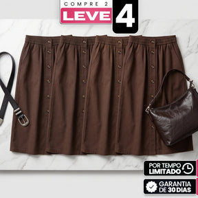 [Compre 2, Leve 4] Saia Dália Feminina em Algodão, Poliéster, Viscose de Cintura Alta com Botões Frontais e Bolsos + BRINDES: Bolsa e Cinto de Couro