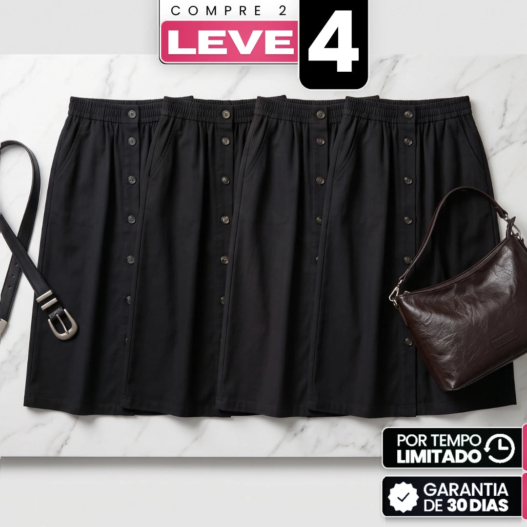 [Compre 2, Leve 4] Saia Dália Feminina em Algodão, Poliéster, Viscose de Cintura Alta com Botões Frontais e Bolsos + BRINDES: Bolsa e Cinto de Couro