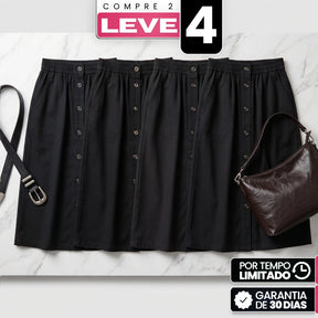 [Compre 2, Leve 4] Saia Dália Feminina em Algodão, Poliéster, Viscose de Cintura Alta com Botões Frontais e Bolsos + BRINDES: Bolsa e Cinto de Couro