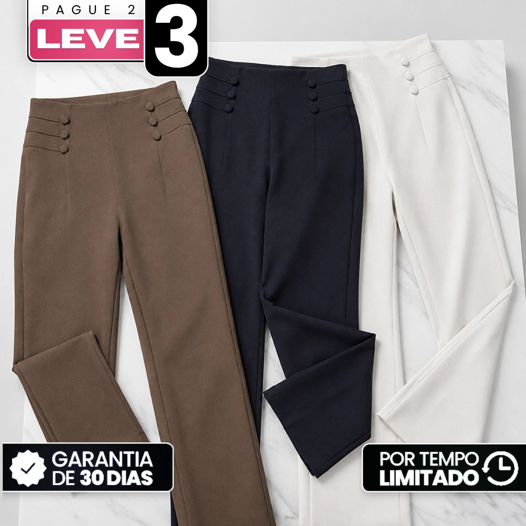 [Compre 2, Leve 3] Calça Maya Feminina em Poliéster, Viscose e Elastano de Cintura Alta Térmica com Forro Peluciado e Fivela Decorativa