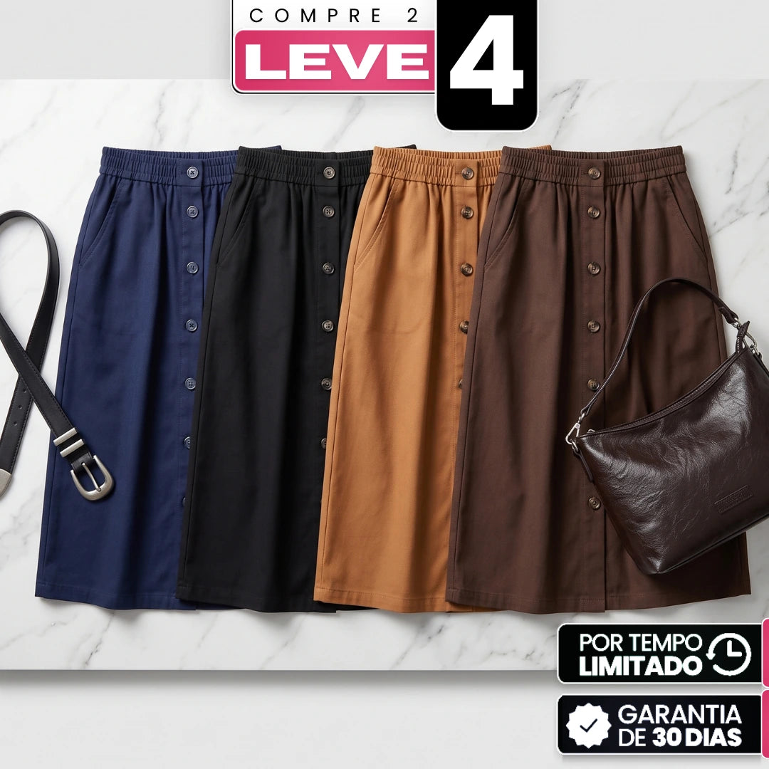 [Compre 2, Leve 4] Saia Dália Feminina em Algodão, Poliéster, Viscose de Cintura Alta com Botões Frontais e Bolsos + BRINDES: Bolsa e Cinto de Couro