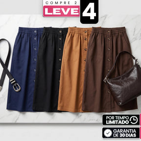 [Compre 2, Leve 4] Saia Dália Feminina em Algodão, Poliéster, Viscose de Cintura Alta com Botões Frontais e Bolsos + BRINDES: Bolsa e Cinto de Couro