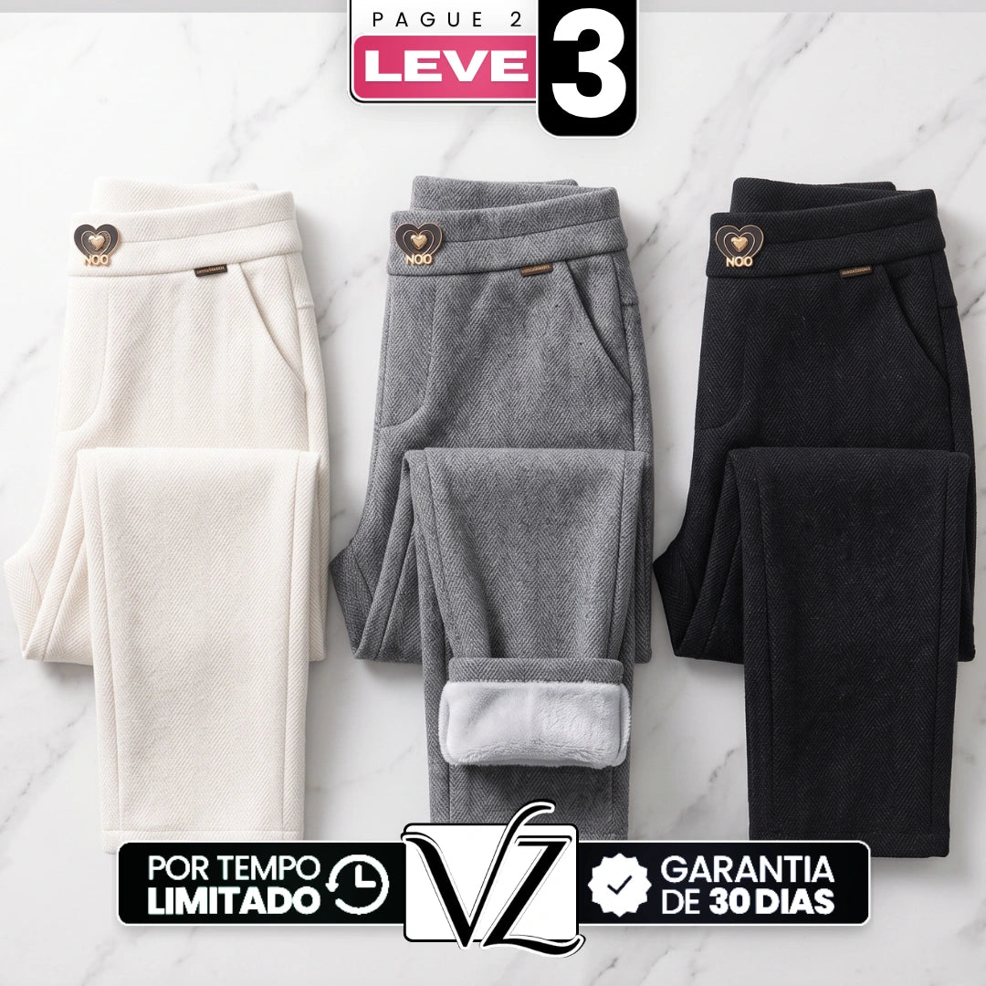 [Leve 3, Pague Só 2!] Calça Vellura Feminina em Trama Estilo Tweed e Forro de Pelúcia de Cintura Alta com Pingente Metálico de Coração