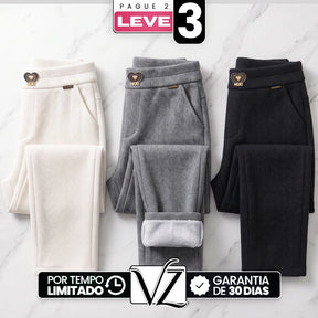 [Leve 3, Pague Só 2!] Calça Vellura Feminina em Trama Estilo Tweed e Forro de Pelúcia de Cintura Alta com Pingente Metálico de Coração