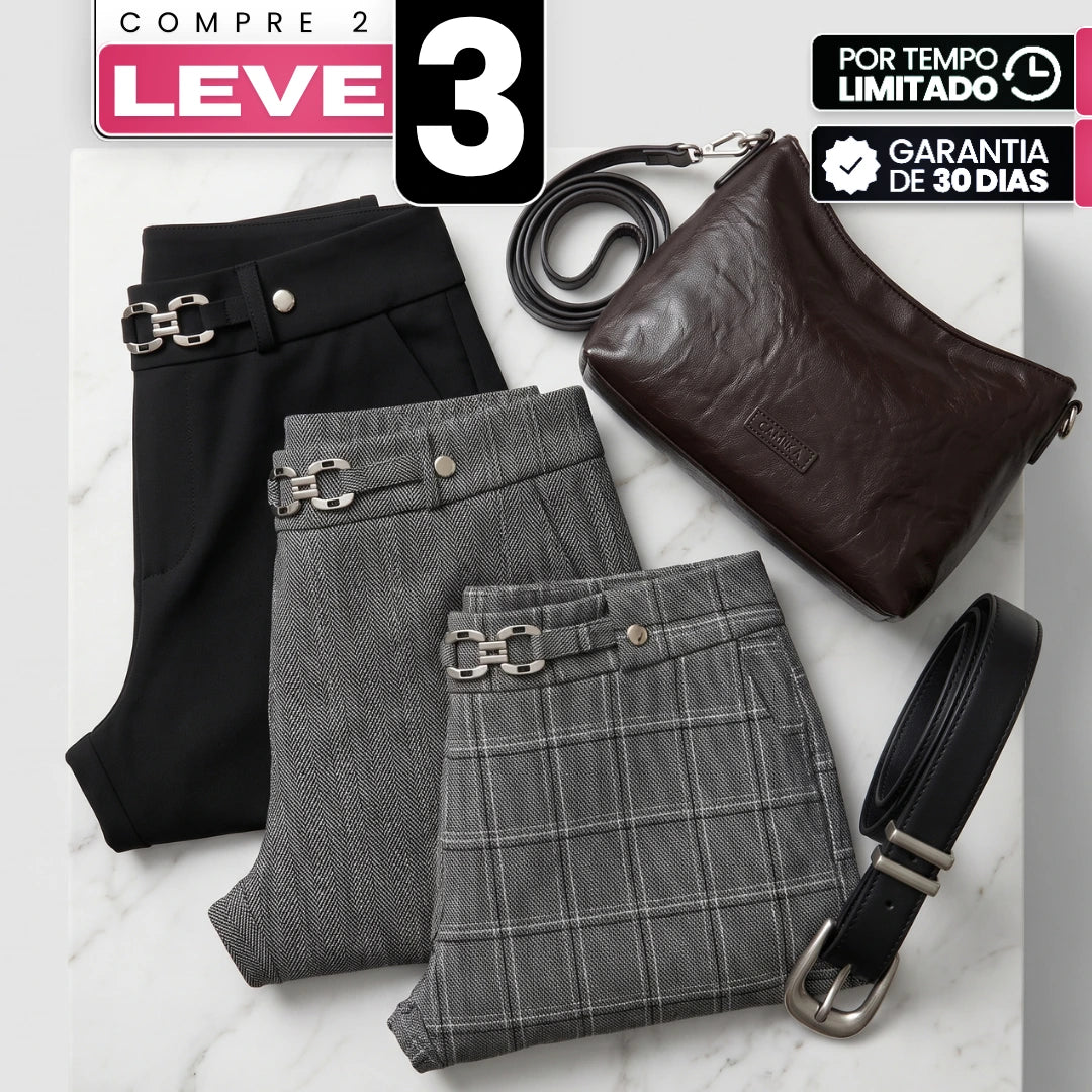 [Leve 3, Pague Só 2] Calça Aveli Feminina em Poliéster, Viscose e Elastano de Cintura Alta com Fivela Metálica + BRINDES: Bolsa e Cinto