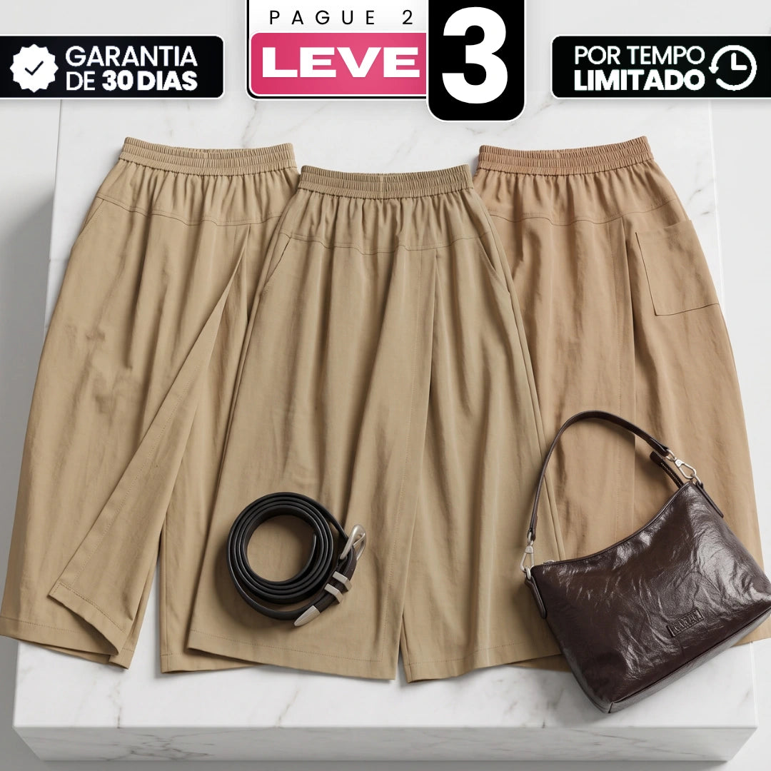 [Compre 2 e Leve 3] Saia-Calça Elori Feminina em Poliéster, Viscose e Elastano Pantacourt de Cintura Alta com Sobreposição Frontal e Cós Elástico + BRINDES