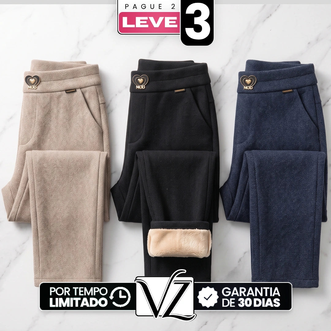 [Leve 3, Pague Só 2!] Calça Vellura Feminina em Trama Estilo Tweed e Forro de Pelúcia de Cintura Alta com Pingente Metálico de Coração