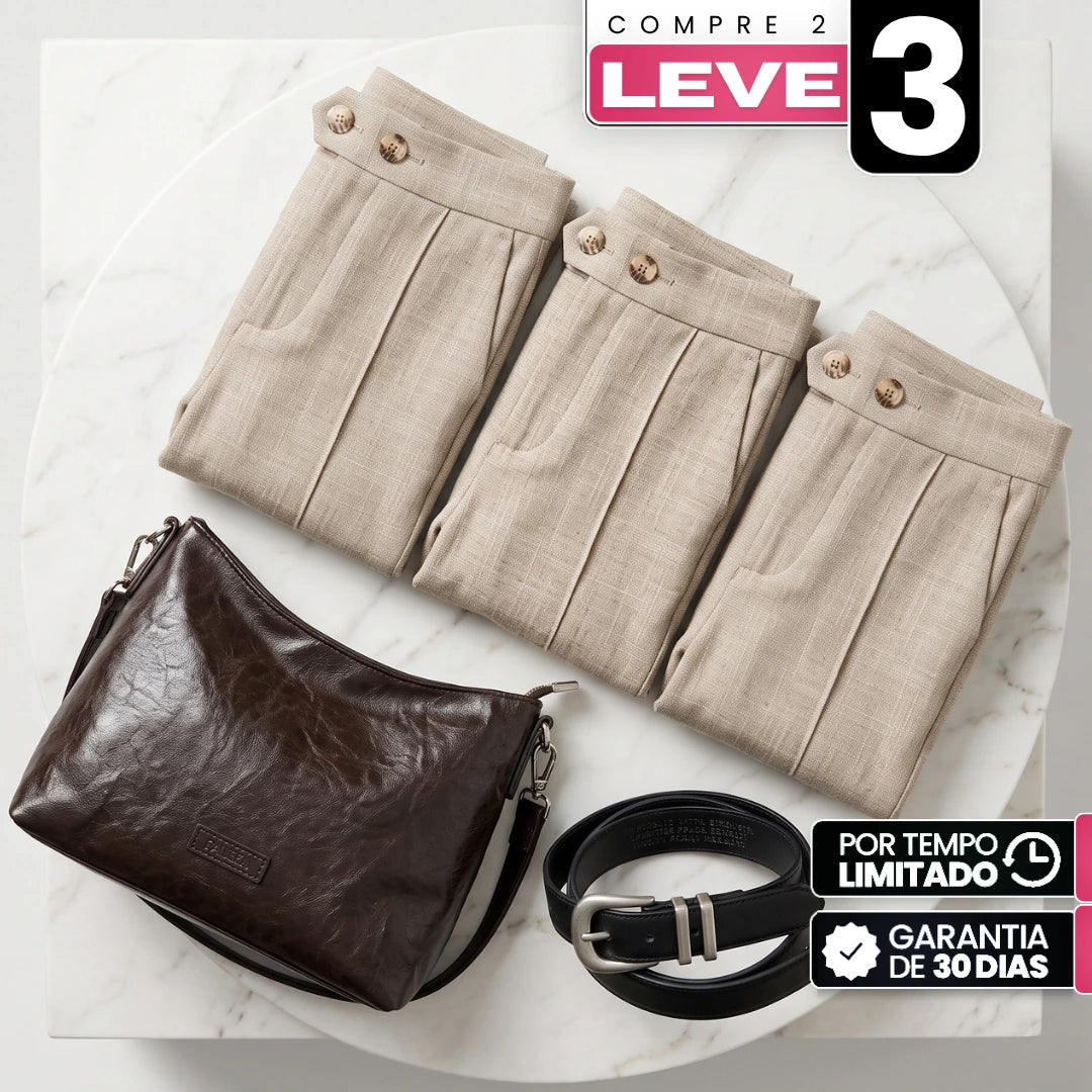 [Compre 2, Leve 3] Calça Mila Feminina em Poliéster, Viscose e Elastano de Cintura Alta com Botões Duplos + BRINDES