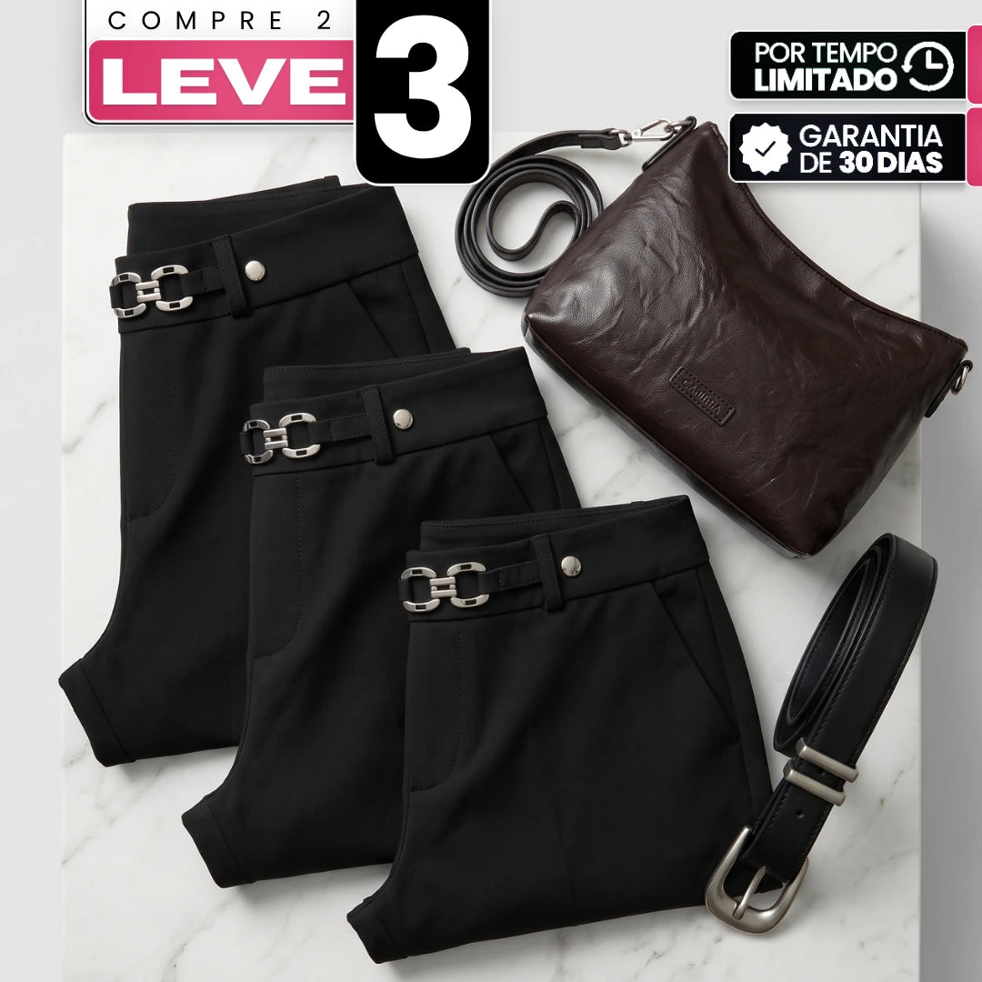 [Leve 3, Pague Só 2] Calça Aveli Feminina em Poliéster, Viscose e Elastano de Cintura Alta com Fivela Metálica + BRINDES: Bolsa e Cinto